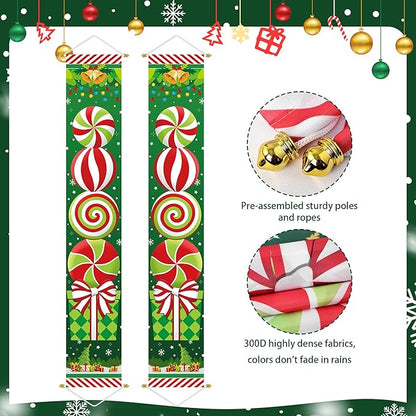 Ivenf Christmas Decorations Outdoor Yard: Large Peppermint Giftbox Front Porch Sign Set, Hanging Red Green White Door Banner Xmas Decorations for Home Wall Front Door Yard Garage Indoor Outdoor Decor