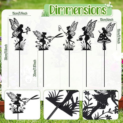 Novabright 5 Pcs Decorative Garden Stakes Metal Fairy Silhouette Set Stakes Outdoor Yard Art Decor Fairy Garden Sign for Lawn Flower Bed Planter Pot Landscaping (Black)