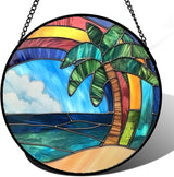 CHATYOUNG Stained Glass Window Hanging Abstract Ocean Coconut Tree Large 15" - Color Suncatcher Door Garden Home Decor and Christmas Mother's Day Birthday Gift for Grandma Nana and Mom Women Friend