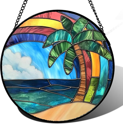 CHATYOUNG Stained Glass Window Hanging Abstract Ocean Coconut Tree 9.8" - Color Suncatcher Door Garden Home Decor and Christmas Mother's Day Birthday Gift for Grandma Nana and Mom Women Friend