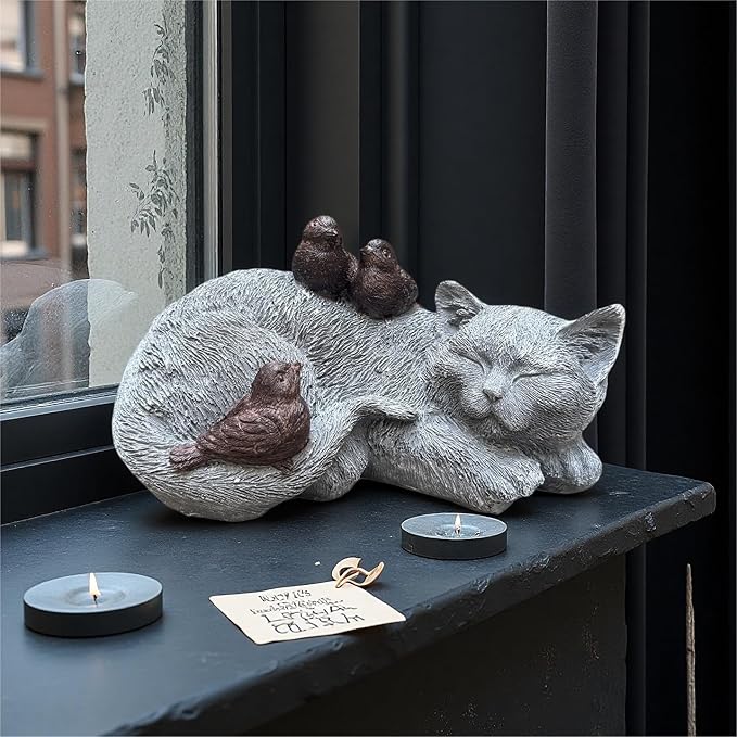 Resin Sleeping Cat Memorial Statue with Birds – Indoor Outdoor Garden Figurine Decor for Patio, Yard & Home, Realistic Tribute Sculpture, Sympathy Gift for Pet Lovers (11.4×7.3×5.9 in)