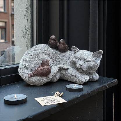 Resin Sleeping Cat Memorial Statue with Birds – Indoor Outdoor Garden Figurine Decor for Patio, Yard & Home, Realistic Tribute Sculpture, Sympathy Gift for Pet Lovers (11.4×7.3×5.9 in)