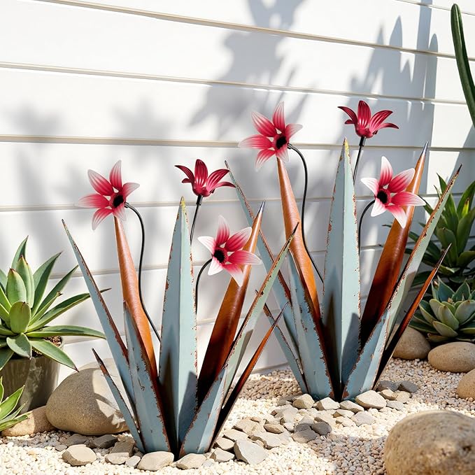 2 Pack Metal Agave Plant Sculptures, Outdoor Agave Plants, Tequila Rustic Sculpture, 16” Hand Painted Garden Decoration Yard Art Plant