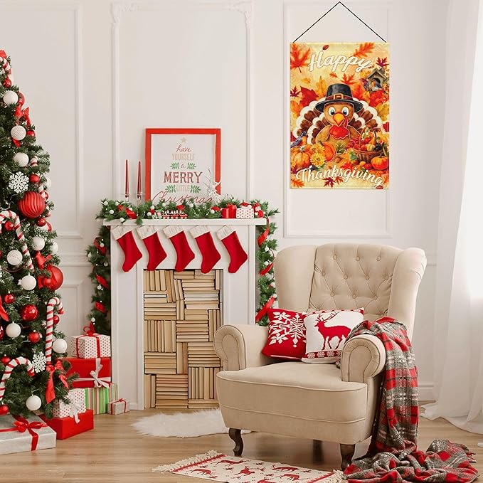 Thanksgiving Turkey Pumpkin Garden Flag Seasonal Double Sided 12 x 18 Inch Small Yard Flag for Indoor Outdoor Decor Holiday All Seasons