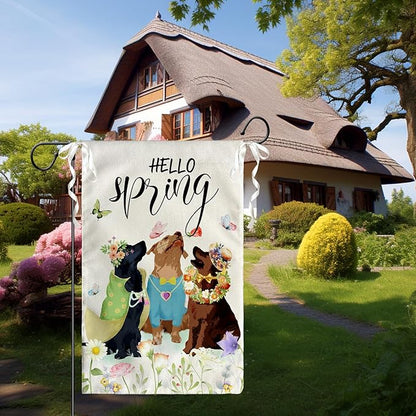 Hello Spring Garden Flags Golden Retriever Dog Yard Flag Puppy Daisy Floral Flowers House Banner Spring Butterfly Seasonal Flowers Garden Flag or Farmhouse Holiday Outside Decor 12x18 Inch