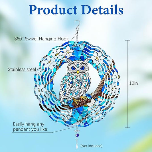 Wazzio Owl Wind Spinners Outdoor, Owl Gifts for Women Men Wife Mom Husband Dad Grandpa, Hanging Wind Sculptures Spinners for Christmas, 12 inch Outdoor Indoor Hanging Ornament for Garden Porch