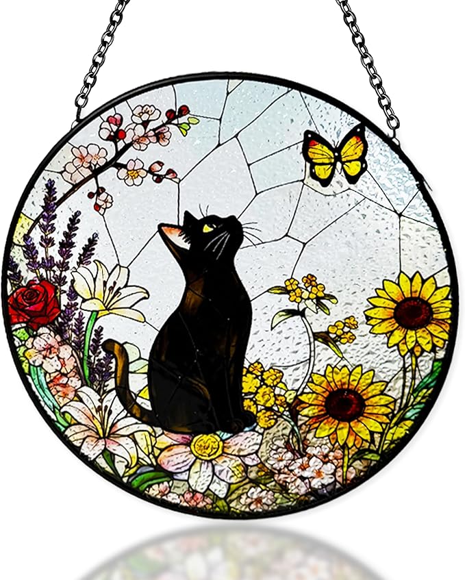 Cat Stained Glass Suncatcher Window, Hanging Sun Catchers Indoor Window, Suncatcher for Mom/Women (Black)
