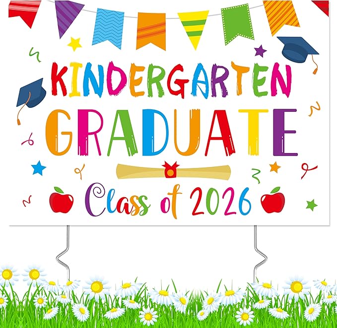 Kindergarten Grad Yard Sign - Class of 2026 Preschool Graduate Lawn Sign with Stake School Congrats Graduation Decorations Colorful Graduation Party Favors Supplies Outdoor Photo Booth Props for Kids