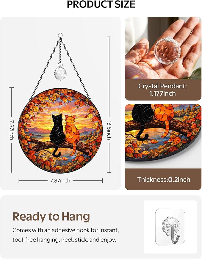 Stained Glass Window Hanging Sun Catcher 7.8 Inch, 2 Cats on a Tree Branch Suncatcher for Home Decor, Birthday Gifts for Women, Gifts for Cat Lovers (Cat Silhouette)