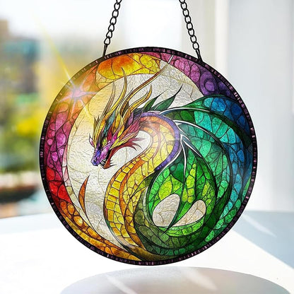 Bimkole Dragon Stained Glass Suncatcher Window Hanging - Animals Indoor Window or Doorway Decoration - Handmade Sun Catcher Decor for Garden Home Christmas & Birthday Gifts 7.87x7.87 Inch