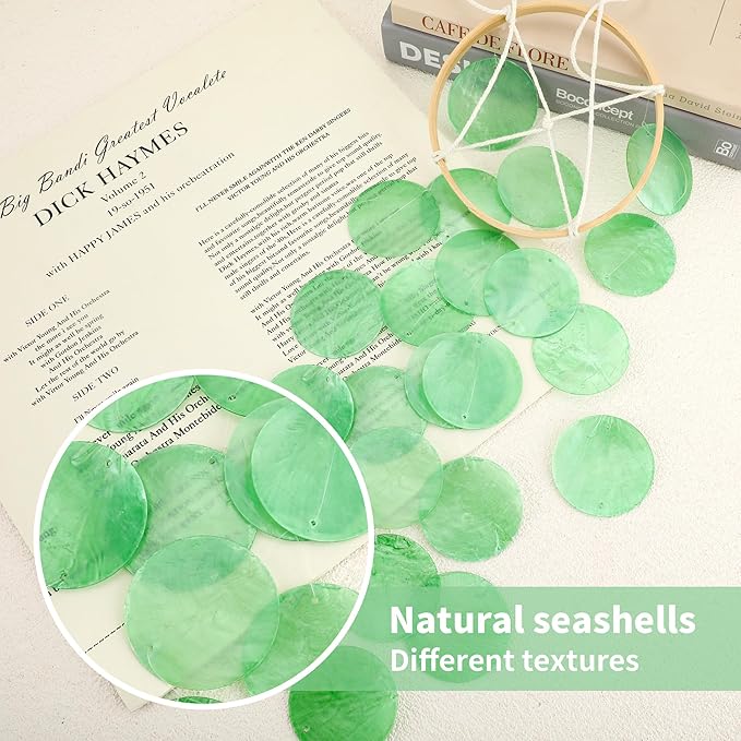 Handmade Capiz Wind Chimes for Outside, Outdoor Seashell Hanging Beach Coast Ocean Home Decorative, Unique Natural Shell Waterfall Windchimes for Summer Patio, Great Memorial Sympathy Gift（Green