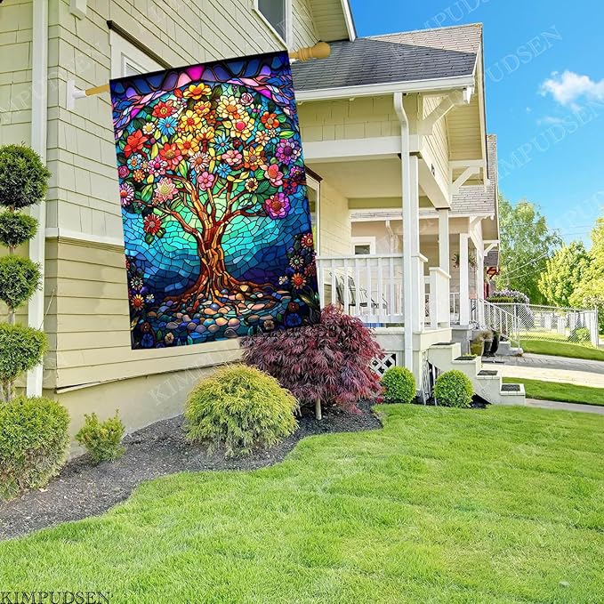 Floral Tree of Life House Flag 28x40 Inch Double Sided Outside, Stained Glass Spring Summer Large Burlap Yard Flag Double Sided Outdoor Decoration