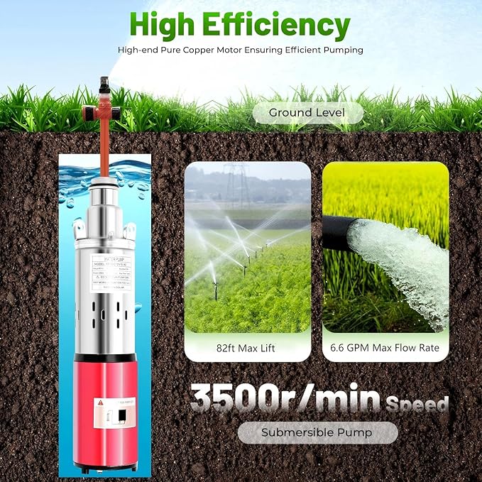 Deep Well Submersible Pump, DC 12V 180W Stainless Steel Water Pump, 6.6GPM Flow, 82ft Lift, for Industrial Home Farm Ranch Irrigation 4500RPM with 49ft Electric Cord