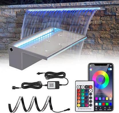 12'' APP Control Waterfall Spillway with RGB LED Lights, Acrylic Pond Fountain Set for Outdoor Decorations, Patio Pool Kit on The Wall for Garden w/16 Color Changing, Easy Installation