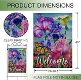 Hzppyz Welcome Spring Hummingbird Iris Garden Flag Double Sided, Purple Flower Bird Yellow Butterfly Decorative House Yard Outdoor Small Decor, Summer Floral Arrangement Home Outside Decoration 28x40