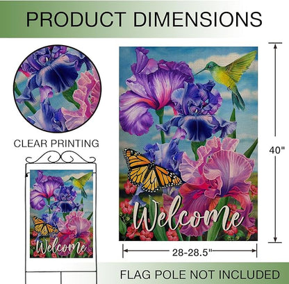 Hzppyz Welcome Spring Hummingbird Iris Garden Flag Double Sided, Purple Flower Bird Yellow Butterfly Decorative House Yard Outdoor Small Decor, Summer Floral Arrangement Home Outside Decoration 28x40