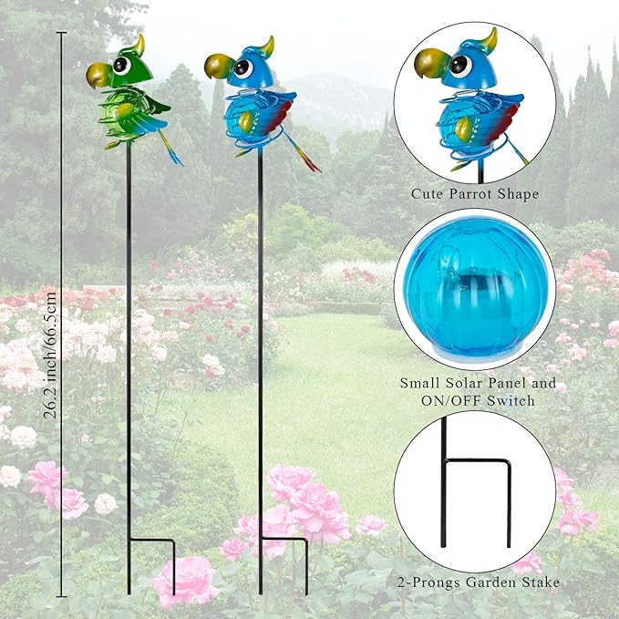 Birds Solar Garden Lights, 26" H Whimsical Decorative Solar Stake Light, 2 Pcs Outdoor Parrot Statues Figurine Lights for Garden Lawn Patio Yard Decoration