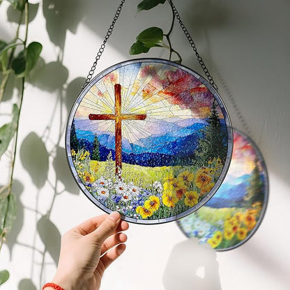 8 Inch Christian Cross Sun Catcher, Stained Glass Window Hanging, Religious Suncatcher for Windows, Sun Catchers Indoor Window, Christian Gifts, Religious Cross Gifts, Faith Home Decor