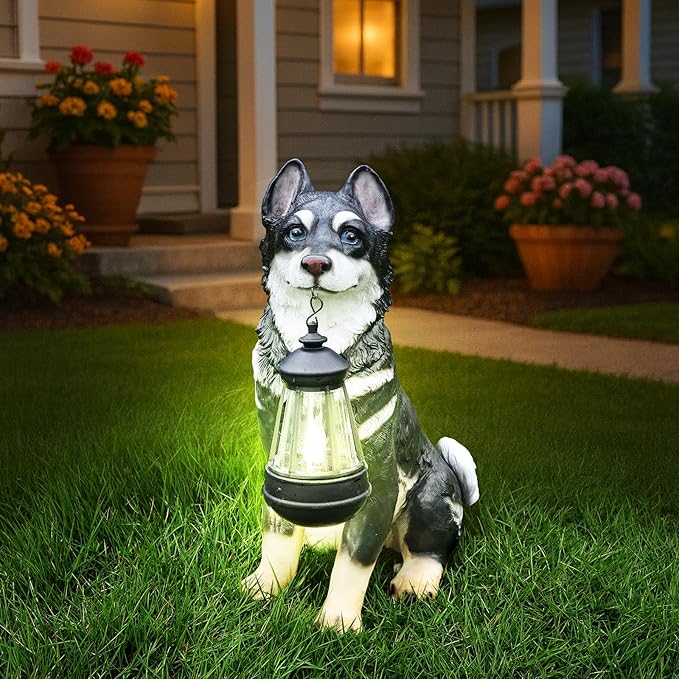 Outdoor Husky Dog Statue with Interchangeable Welcome Sign and Detachable Solar Lantern –LED Light Garden Dog Sculpture Décor Garden Statue Outdoor Dog Statue Cute Puppy for Yard Porch Gift
