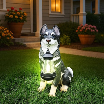 Outdoor Husky Dog Statue with Interchangeable Welcome Sign and Detachable Solar Lantern –LED Light Garden Dog Sculpture Décor Garden Statue Outdoor Dog Statue Cute Puppy for Yard Porch Gift