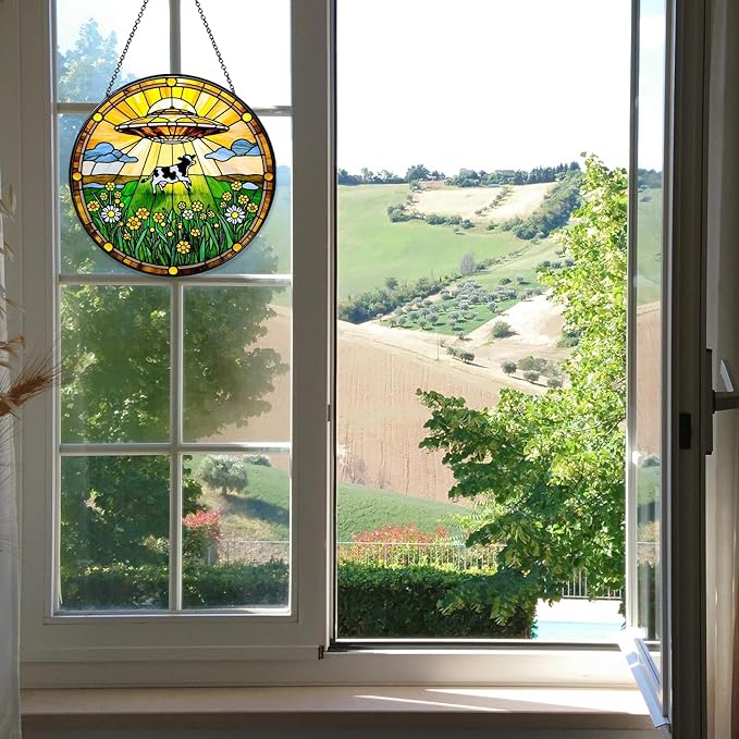 Cow Wildflowers Stained Glass Window Hanging UFO Abduction Sun Catcher Funny Gifts for Women Room Decor Handmade SunCatcher Decoration for Home Window Decor, 7.87inch