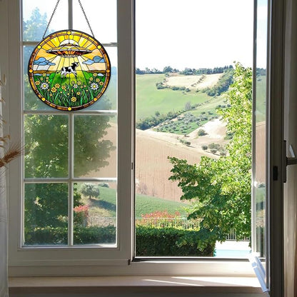Cow Wildflowers Stained Glass Window Hanging UFO Abduction Sun Catcher Funny Gifts for Women Room Decor Handmade SunCatcher Decoration for Home Window Decor, 7.87inch