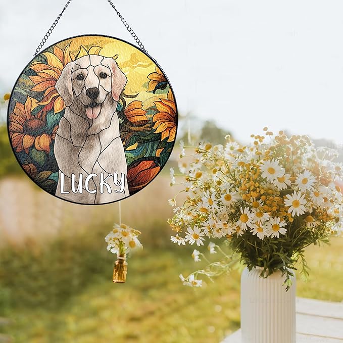 NAZENTI Personalized Pet Stained Glass Suncatcher, Custom Name Pet Photo Memorial Ornament Window Hanging, Remembrance Sympathy Gift for Loss of Pet Dog Cat, Bereavement Keepsake