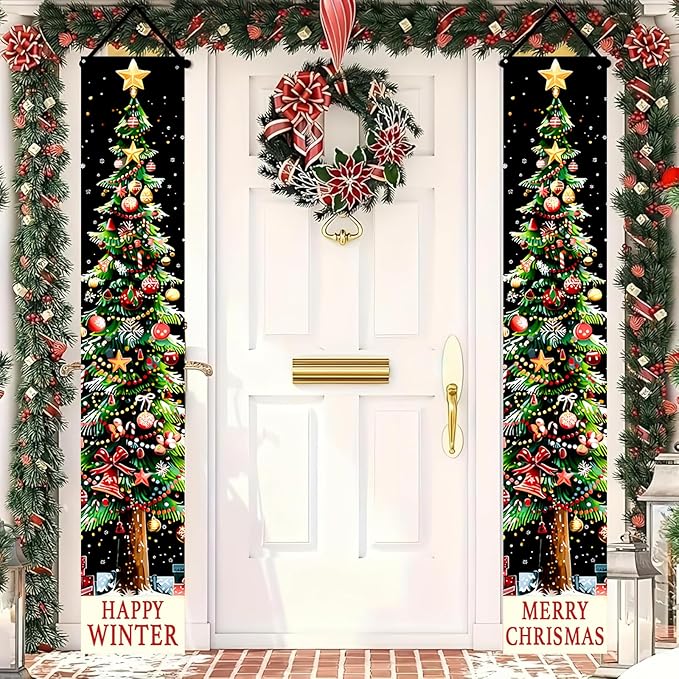 BlissYard Xmas Tree Banner Happy Winter Christmas Door Banner Holiday Wall Hanging Decoration with Red Green Gold Ornament Design Vertical Door Entryway Banner for Indoor Outdoor Seasonal Home Decor
