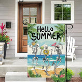 DLZDN Hello Summer Skeleton Garden Flag Funny Skull Garden Flag 12×18 Inch Double Sided Vertical Burlap Summer Coastal Seasonal Hawaii Tropical Ocean Yard Flag Outdoor Decoration