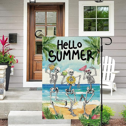 DLZDN Hello Summer Skeleton Garden Flag Funny Skull Garden Flag 12×18 Inch Double Sided Vertical Burlap Summer Coastal Seasonal Hawaii Tropical Ocean Yard Flag Outdoor Decoration