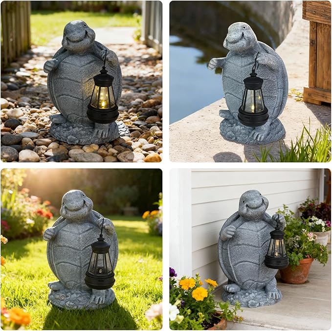 Solar Turtle Garden Statue with Lantern - Cute Outdoor Resin Figurine Light for Patio Lawn Porch Decor - Waterproof Solar Powered Animal Ornament - Unique Housewarming Birthday Gifts for Mom Grandma