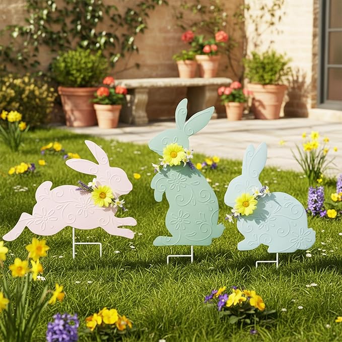 3PCS Spring Rabbit Metal Yard Decorations Stakes, Grandmas Garden Easter Holiday Yard Decoration Outdoor Stakes, Memorial Personalized Unique Garden Gifts Women for Grandma Statue