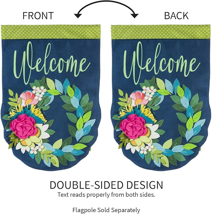 Evergreen Flag Flower Wreath Garden Burlap Flag | Spring Floral Garden Flags 12x18 double sided | Small House Flags For Outside | Welcome Spring Flag Décor for Yards Porch Gardens