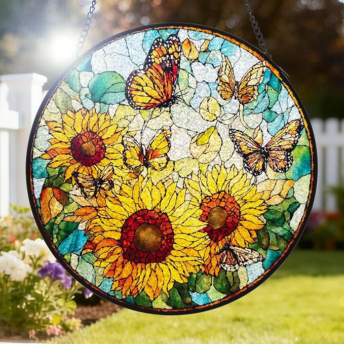 Double Sided Stained Glass Window Hanging, 7.9" Sun Catcher Panel, Green Plant Wall Art for Home & Garden, Unique Gift for Women & Men (Sunflowers&Butterflies, 7.9 Inch)