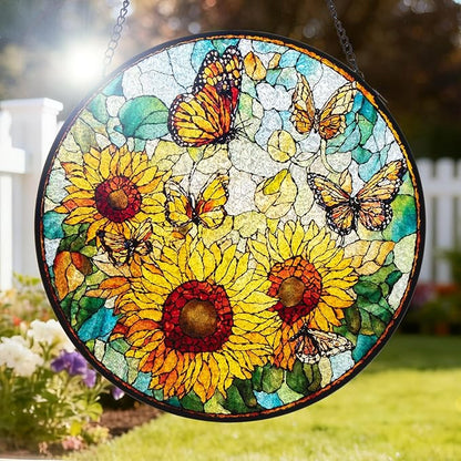 Double Sided Stained Glass Window Hanging, 7.9" Sun Catcher Panel, Green Plant Wall Art for Home & Garden, Unique Gift for Women & Men (Sunflowers&Butterflies, 7.9 Inch)