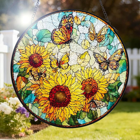 Double Sided Stained Glass Window Hanging, 7.9" Sun Catcher Panel, Green Plant Wall Art for Home & Garden, Unique Gift for Women & Men (Sunflowers&Butterflies, 7.9 Inch)