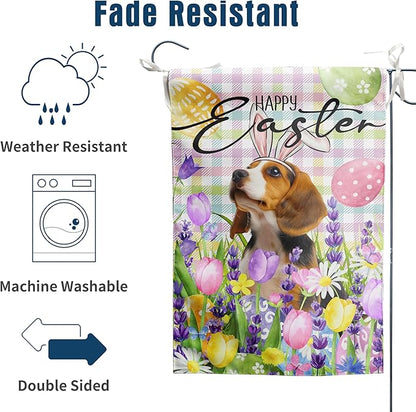 Happy Easter Dog Garden Flag Beagle Spring Flags Buffalo Plaid Bunny Eggs Yard Flag for Outside 12x18 Double Sided Small Decorative Floral Outdoor Flag