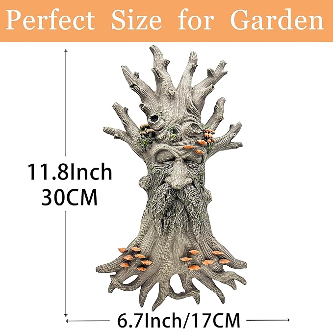 12" Real Tree Face Hugger Statue, Garden Trees Tree Huggers Decor with Mushroom Foliage Features, Outdoor Fairy Elve Accent Yard Art, Halloween Trees Decorations Outdoor Wall Mounted Statue