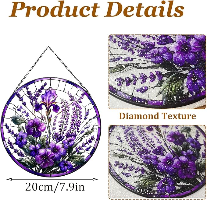 Lavender Flower Suncatchers Stained Glass Window Hanging, Flower Sun Catchers Indoor Window Glass Round Wall Decor, Christmas, Mother's Day, Birthday Gifts for Mom Grandma Women Wife Lovers