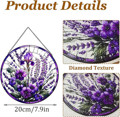 Lavender Flower Suncatchers Stained Glass Window Hanging, Flower Sun Catchers Indoor Window Glass Round Wall Decor, Christmas, Mother's Day, Birthday Gifts for Mom Grandma Women Wife Lovers