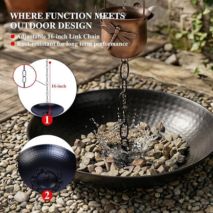 Rain Chain Anchoring Basin Metal Bowl Downspout Gutters Decorative Fountain Dish Display for Outdoor Garden, Lawn and Patio Water Feature 10.66 Inches Dia, Matte Black