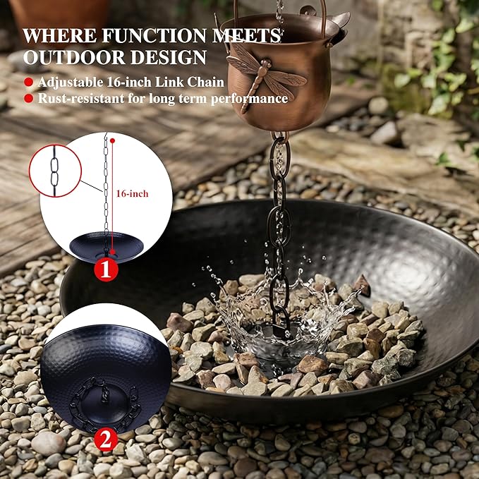 11-Inch Black Rain Chain Basin – Decorative Metal Bowl for Downspout Gutters, Outdoor Garden, Lawn & Patio Water Features – Heavy-Duty Anchoring Basin for Rain Chains