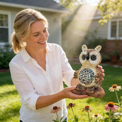 Solar Owl Garden Statues Decor for Outdoor, Brown Yoga Owl Figurine Lights for Lawn Patio Yard Decoration - Unique Christmas Housewarming Gift for Grandma Wowen Mom
