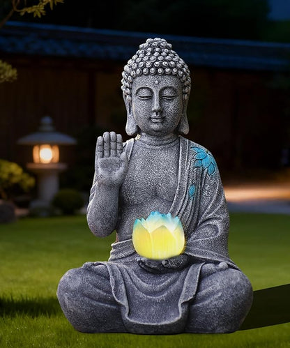 Nacome Solar Buddha Garden Statues with Lotus Flower: Resin Zen Decor Waterproof Sculpture Outdoor Light Design for Outside Patio Lawn Yard Balcony - 10.6 inches(Grey)