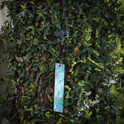 Japanese Wind Chime Cast-Iron Outdoor Ornament for Garden, Patio & Balcony, Hanging Metal Wind-Bell Decoration Gift, Blessing Pendant Windchimes & PVC Wind-Catcher, Goldfish - Blue