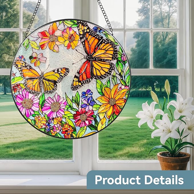 Suncatcher Stained Glass Window Hanging - Butterfly Glass Panel with Metal Chain and Hooks Handmade Sun Catcher Decoration for Window Garden Home Christmas & Birthday Gifts (7.8 Inch)