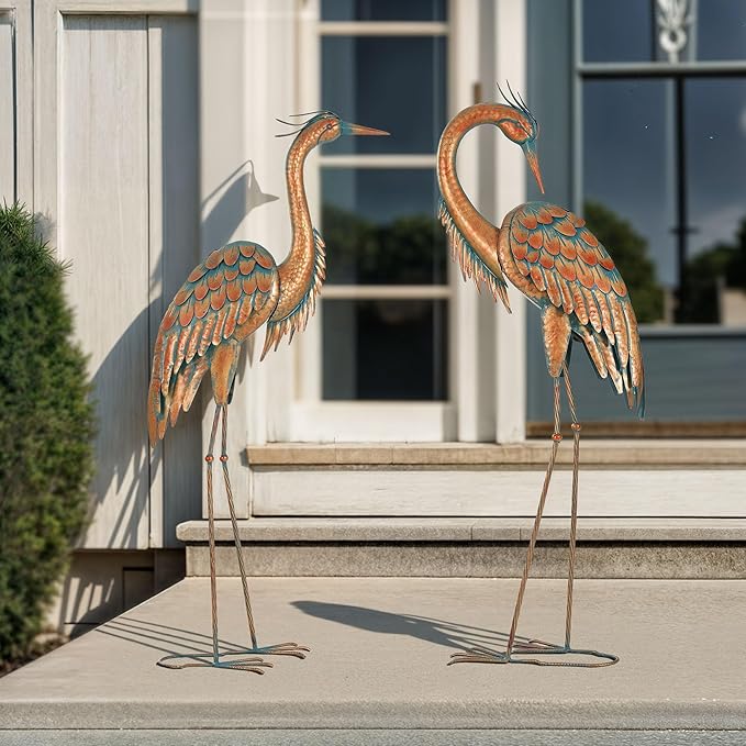 45.3" Tall Extra Large Metal Crane Decor, Handcrafted Distressed Bronze Heron Sculpture with 4-Piece Secure Ground Stakes, Vintage Charm Outdoor Garden Statue Yard Art for Patio & Backyard Decor