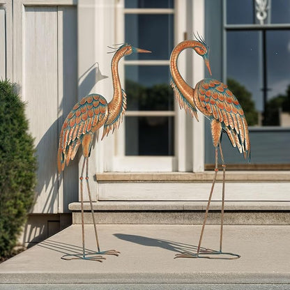 45.3" Tall Extra Large Metal Crane Decor, Handcrafted Distressed Bronze Heron Sculpture with 4-Piece Secure Ground Stakes, Vintage Charm Outdoor Garden Statue Yard Art for Patio & Backyard Decor