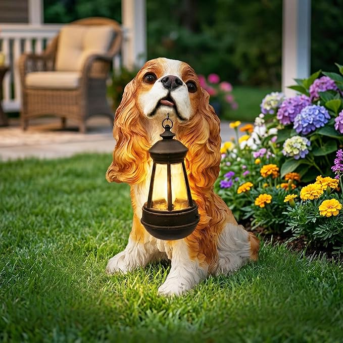Cavalier King Charles Spaniel Dog Garden Statue with Solar Lantern, Lifelike Outdoor Puppy Sculpture with Interchangeable Welcome & On Patrol Sign, Resin Yard Art Decor for Patio Lawn Porch