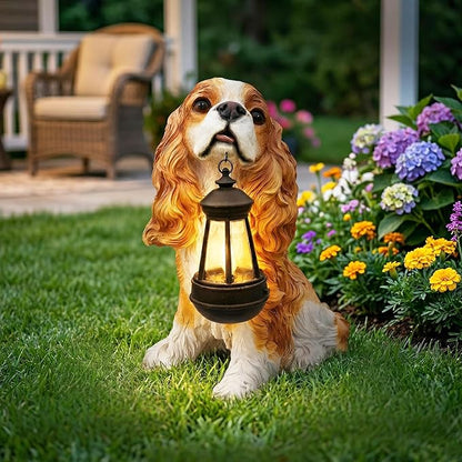 Cavalier King Charles Spaniel Dog Garden Statue with Solar Lantern, Lifelike Outdoor Puppy Sculpture with Interchangeable Welcome & On Patrol Sign, Resin Yard Art Decor for Patio Lawn Porch